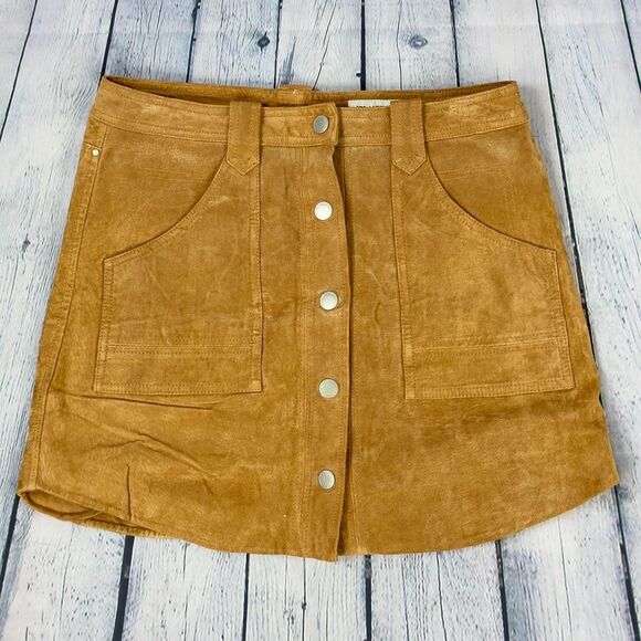 Blank NYC Dresses & Skirts - Blank-NYC Genuine Leather Suede Snap front pecan Aline mini skirt bareback sz 28